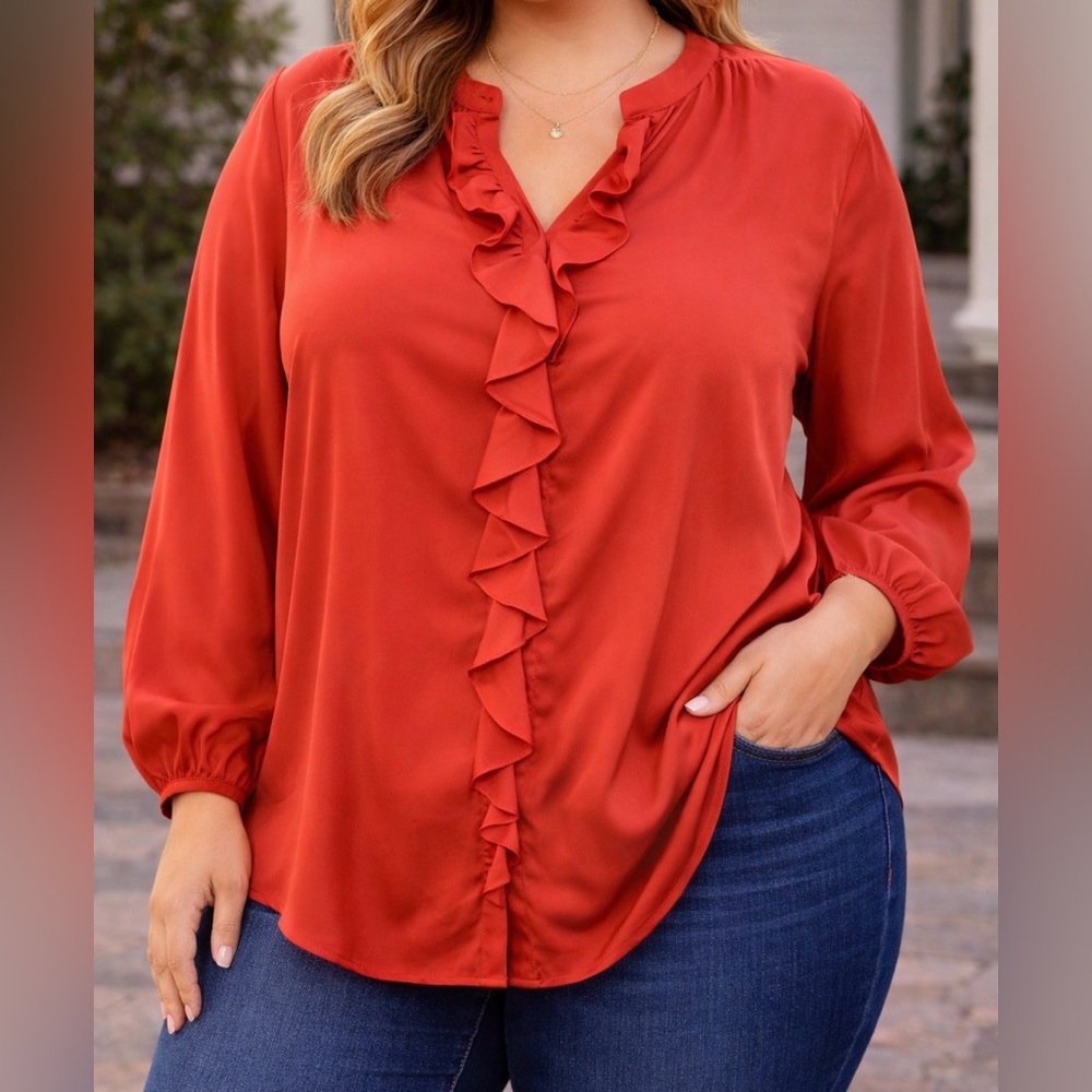 Lane Bryant - retro plus size-Y2K - orange Ruffle front blouse,,silky polyester